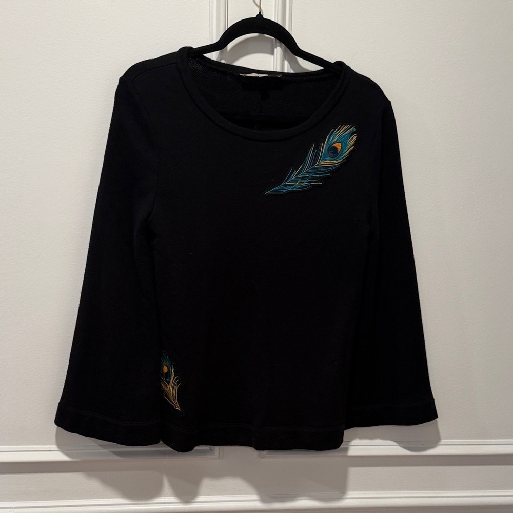 LOFT Black‎ Sweatshirt Size Small Peacock Feather Embroidered Design